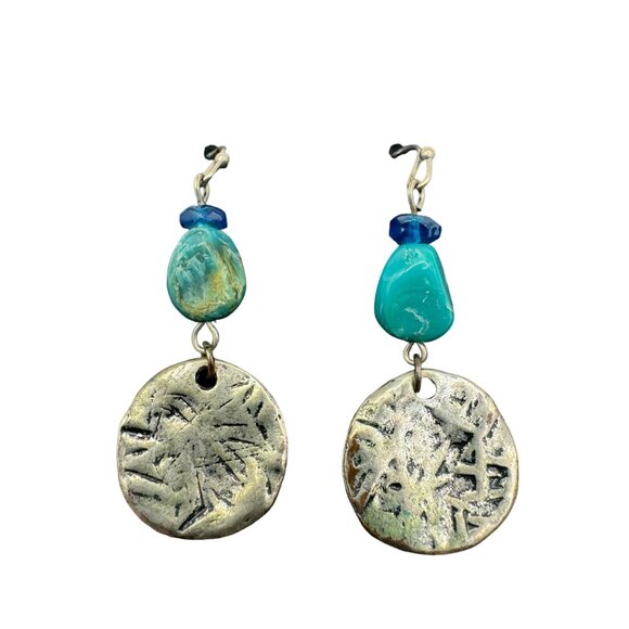 Handcrafted Silver & Turquoise Dangle Earrings With Textured Discs And Blue Bead - Picture 2 of 3